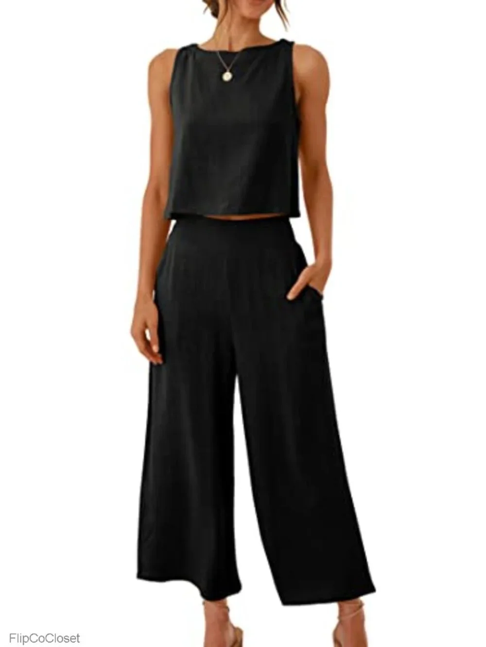2 Piece Linen Set Women Summer Outfits Wide Leg Pant Crop